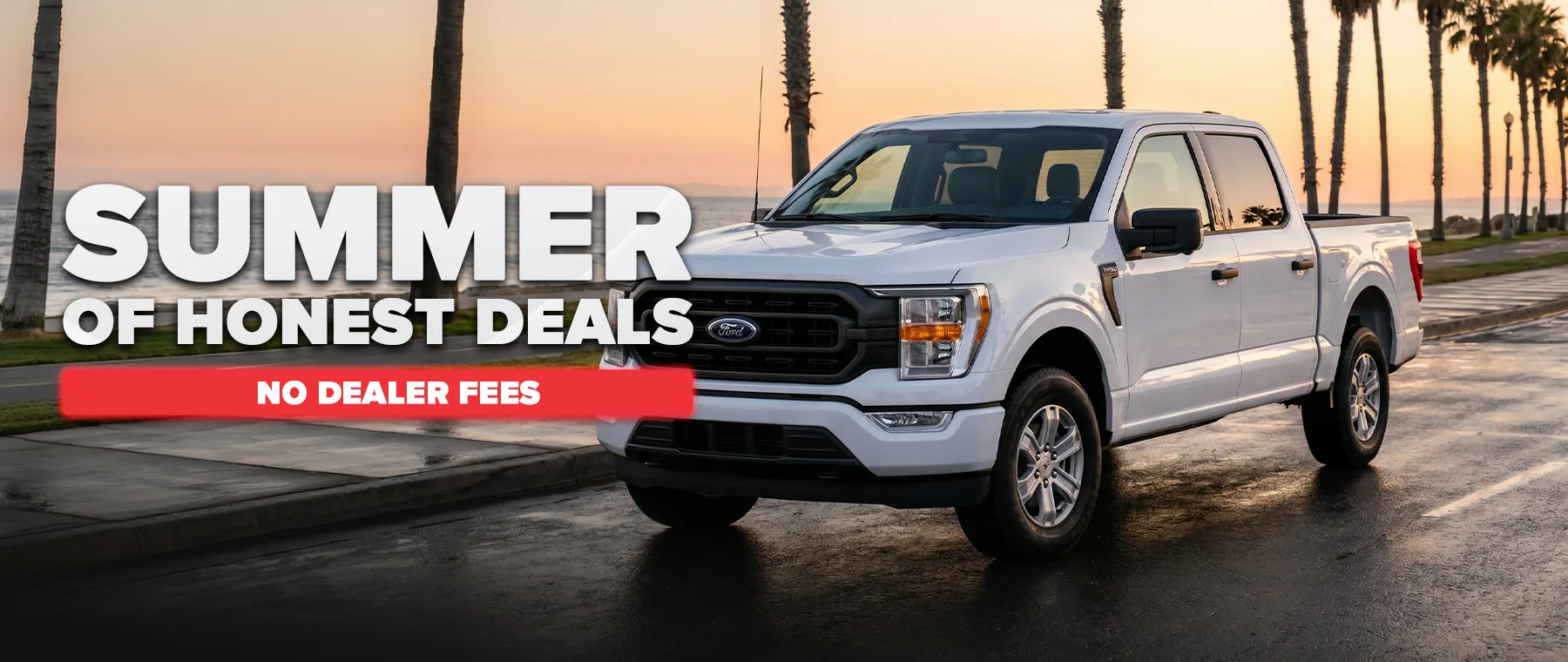 White Ford F-150 pickup on a palm-lined Florida road at suns