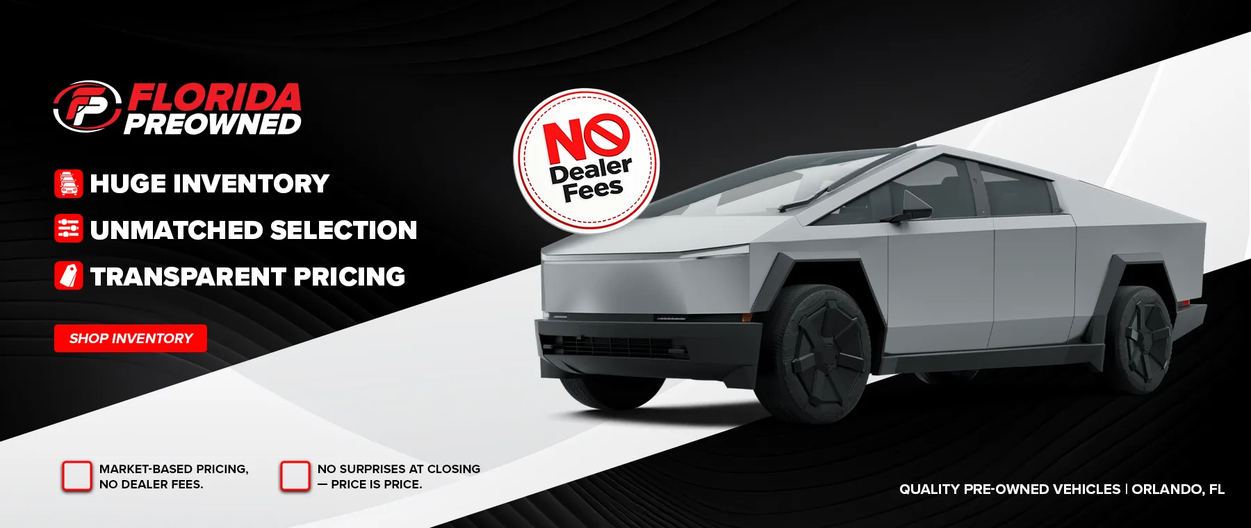 Florida Preowned banner with a silver Tesla Cybertruck and a